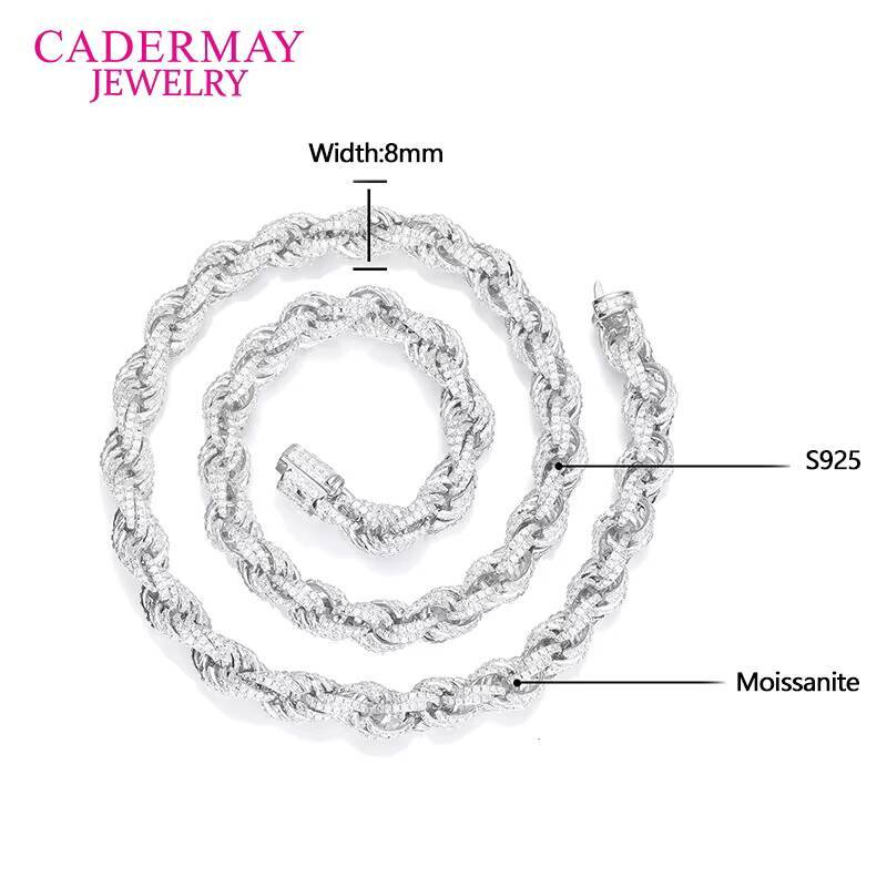 Cadermay Hiphop Jewelry 8mm 925 Sterling Silver DEF VVS Moissanite Rope Chain Iced Out Rope Diamond Chain Necklace for Gifts