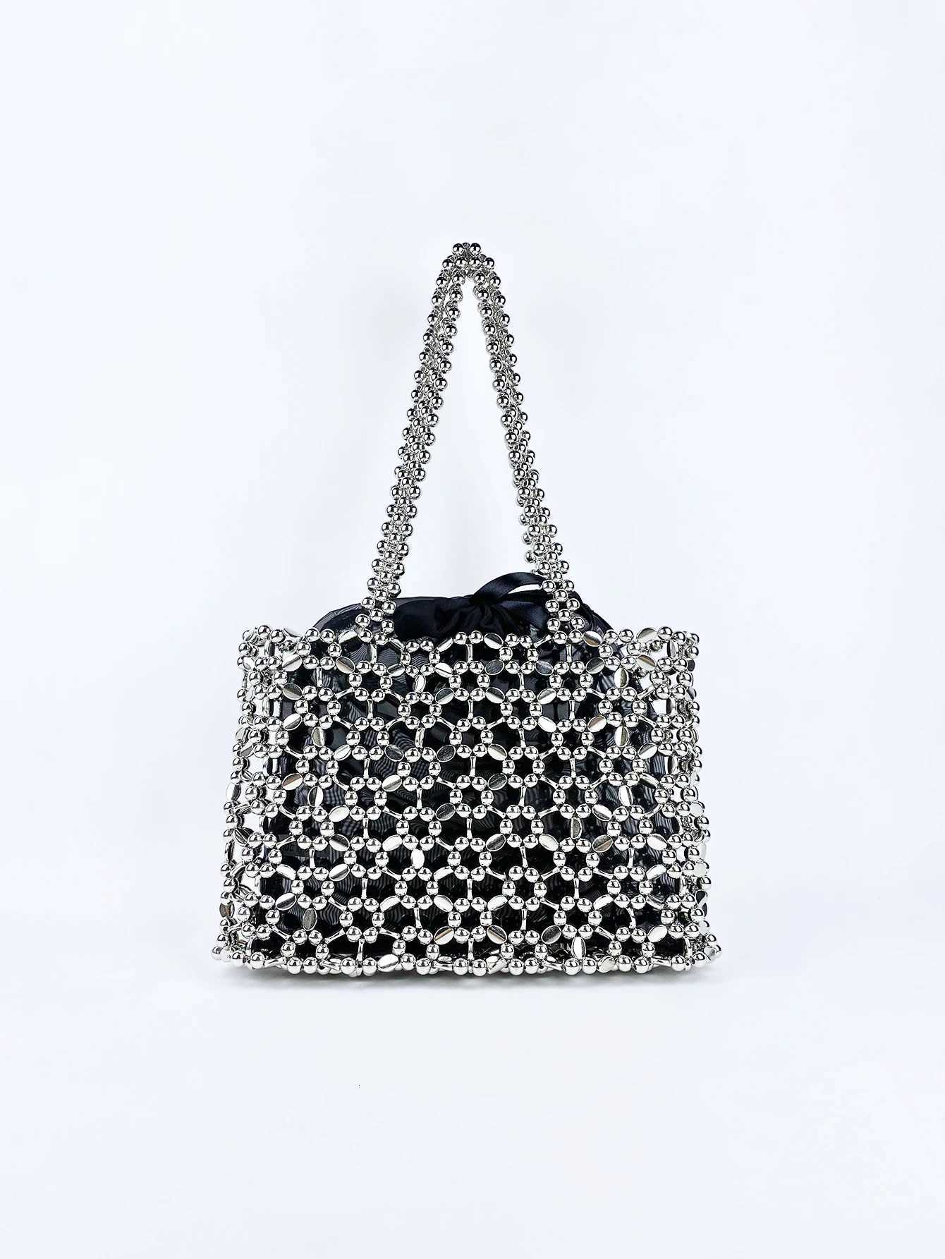 Fashionable niche shiny silver beaded bag woven lightweight hollow beaded versatile shoulder bag Y250730
