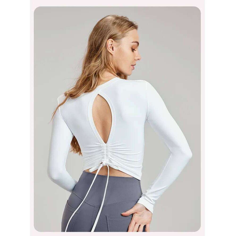 Autumn Winter Women Long Sleeve Back Hollow Out Drawstring T-shirt Elastic Breathable Pure Color Sports Gym Fiess Workout Top