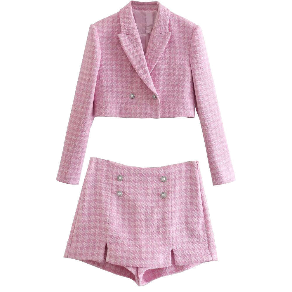 Spring Summer Women's Clothing 2023 New Houndstooth Texture Casual Short Blazer + Shorts Set