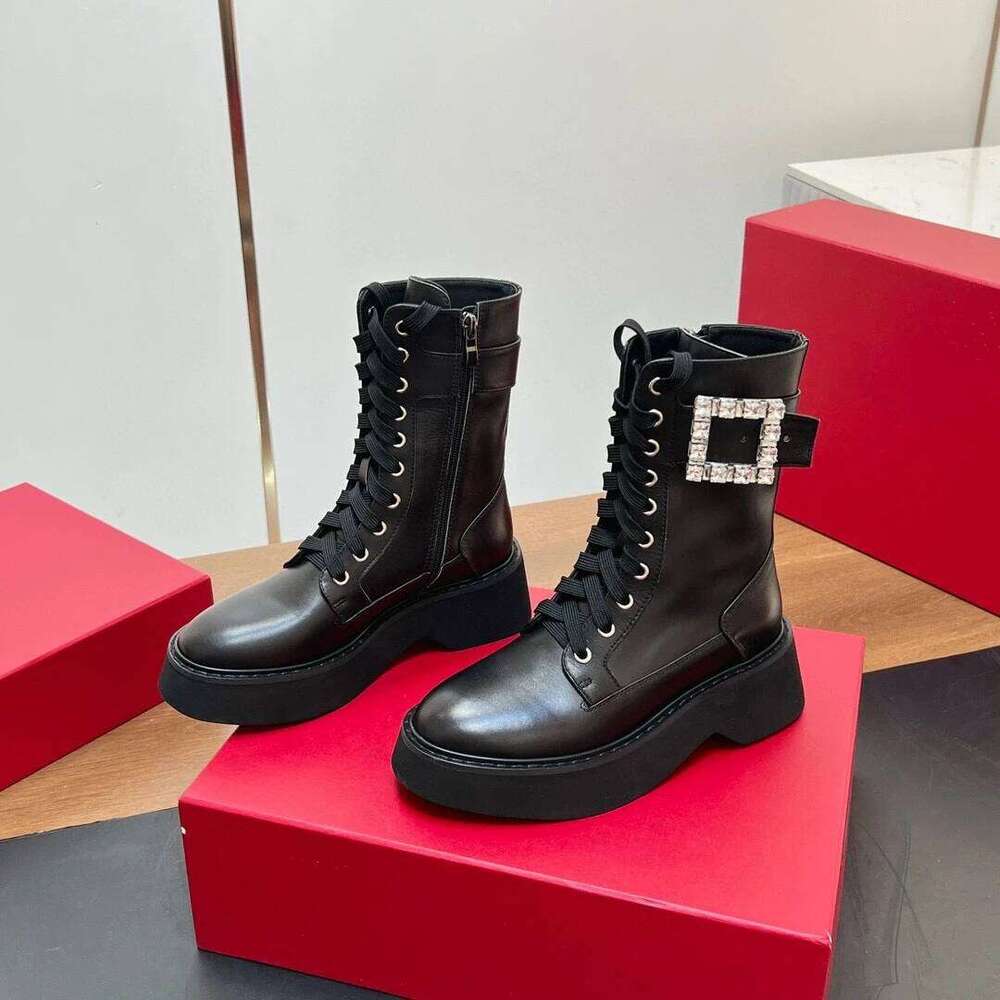 Women Genuine Leather Med Heels Crystal Buckle Ankle Boots Flat Platform Zipper Designer Shoes Zapatillas De Mujer 523