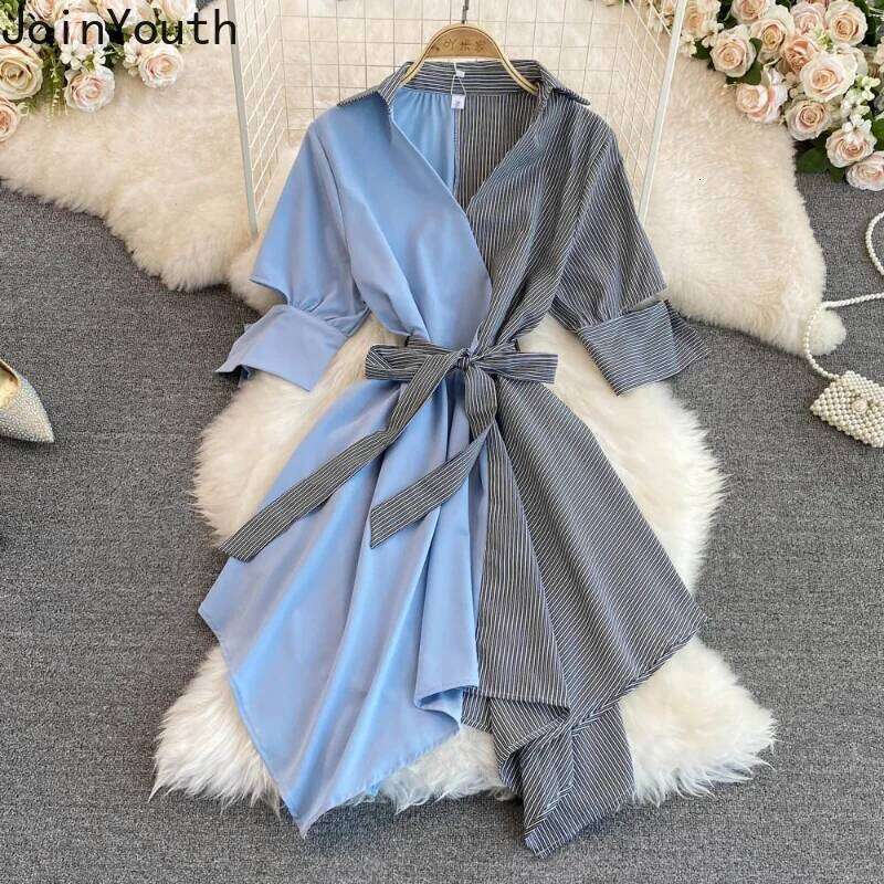 Striped Women Fashion Summer Patchwork Dresses Korean Irregular Long Robe Shirt Dress Elegant Bandage Femme Vestidos