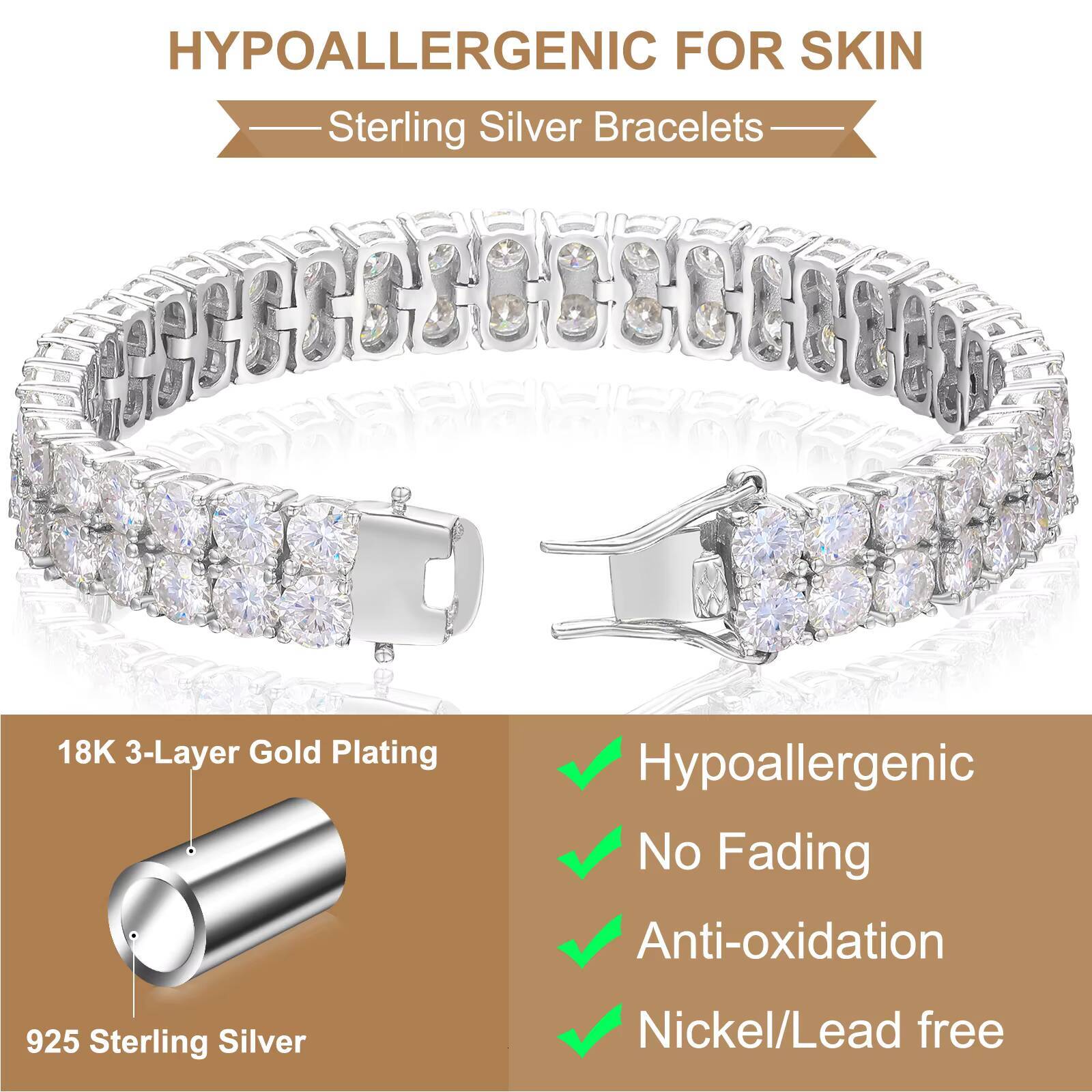 Femme Pass Diamond Tester 2 Rows 3mm 4mm 5mm VVS Moissanite 18K White Gold Plated 925 Sterling Silver Tennis Bracelet for Men