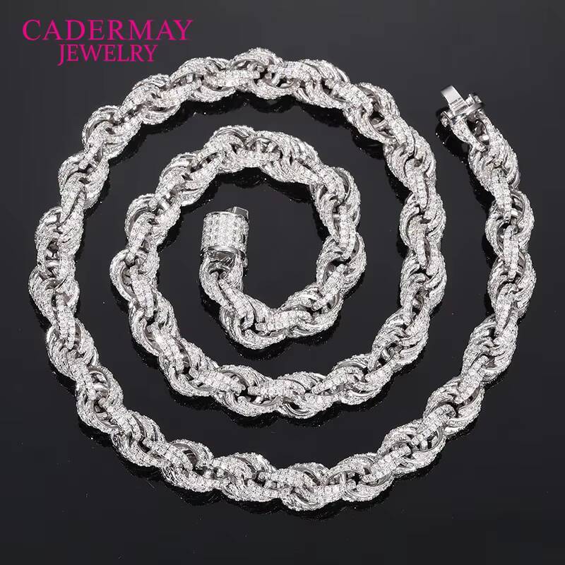 Cadermay Hiphop Jewelry 8mm 925 Sterling Silver DEF VVS Moissanite Rope Chain Iced Out Rope Diamond Chain Necklace for Gifts