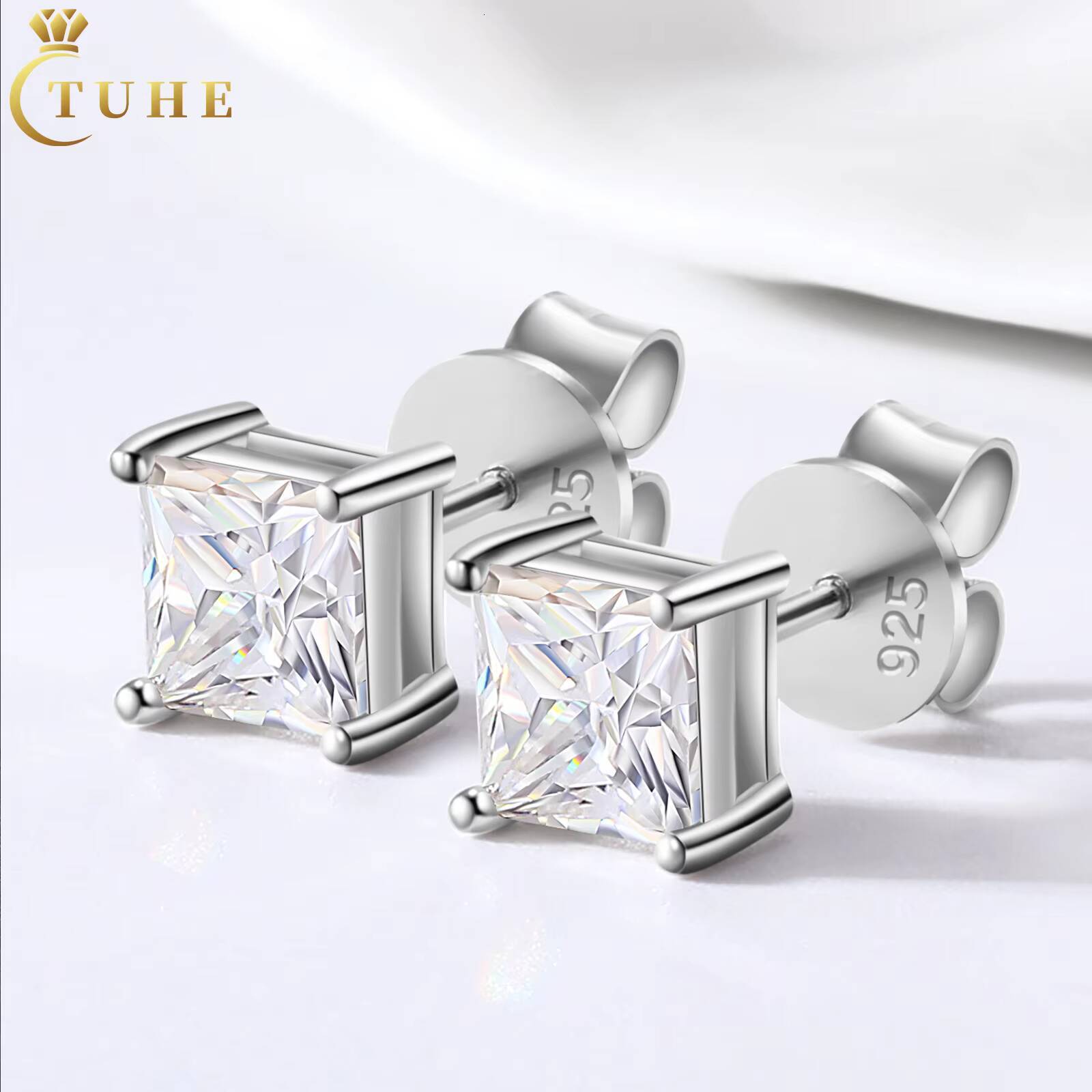 Fashion 0.6-1.2ct 18K White Gold Plated 925 Sterling Silver Princess Cut VVS Moissanite Diamond Solitaire Stud Earrings