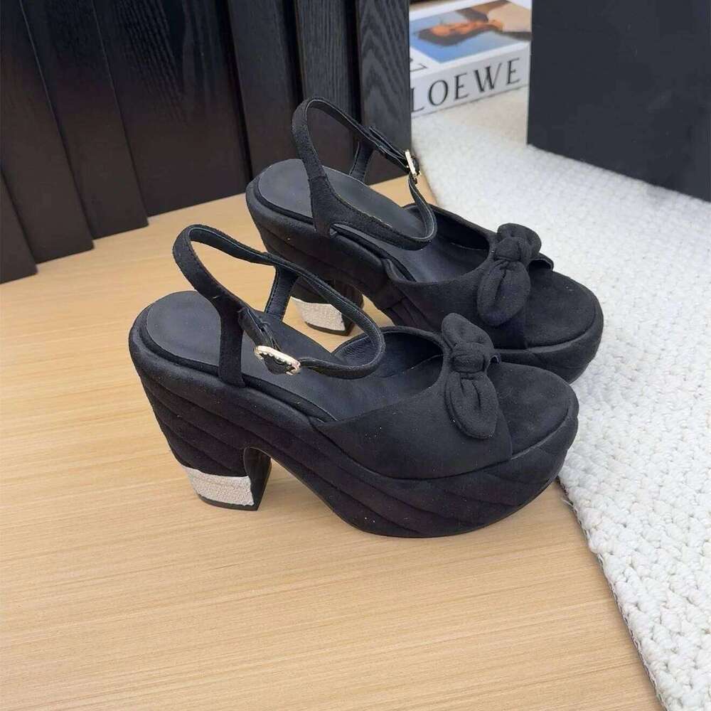 Women Size34-41 Natural Cow Suede Sandals Super High Heels Butterfly Knot Flat Platform Designer Shoes Zapatillas De Mujer f97