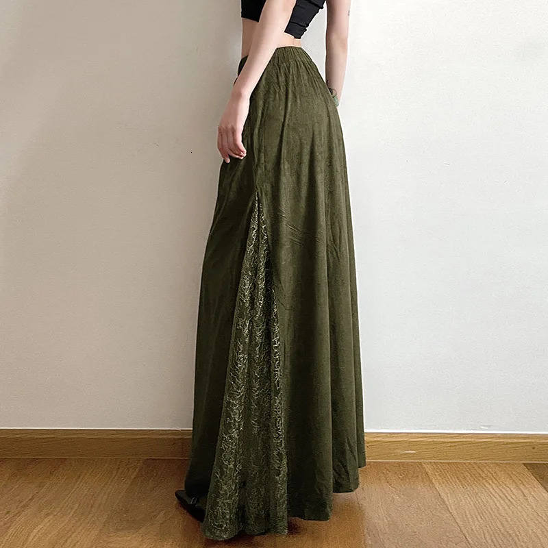 Women Vintage Suede Nap Lace Patchwork Hem Zip Long Skirt Cyber Y2K Chic Drawstring Pocket Aline Skirts Lady Grunge Streetwear 250730