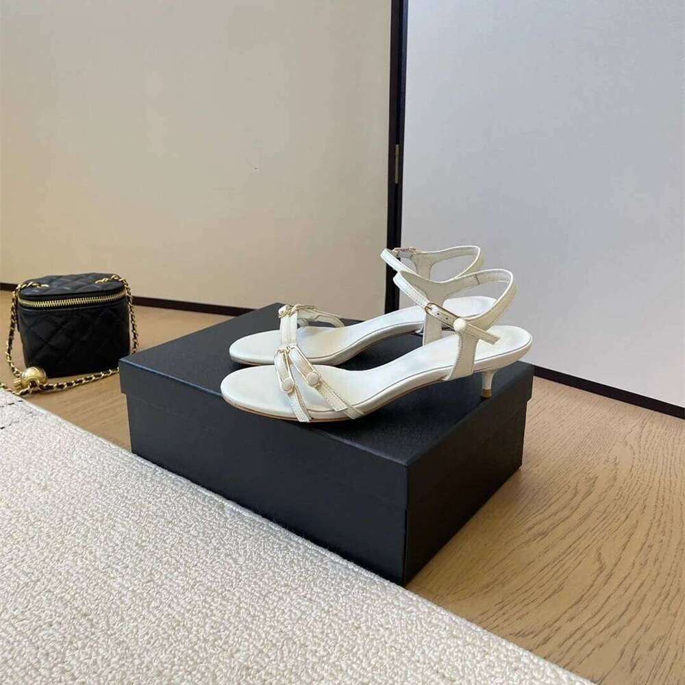 New Women Size34-41 Genuine Leather Sandals High Heels Pearls Pumps Summer Buckle Strap Designer Shoes Zapatillas De Mujer f45