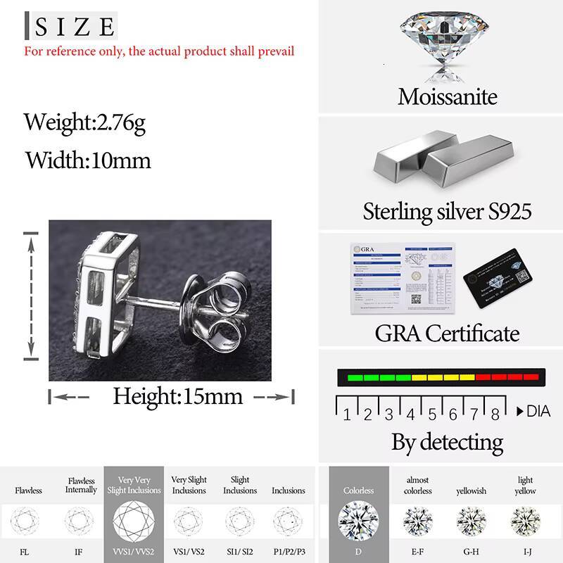 Hot Selling 925 Sterling Silver White Gold Plated Fine Jewelry Emerald Cut Diamond Vvs Baguette Moissanite Stud Earrings