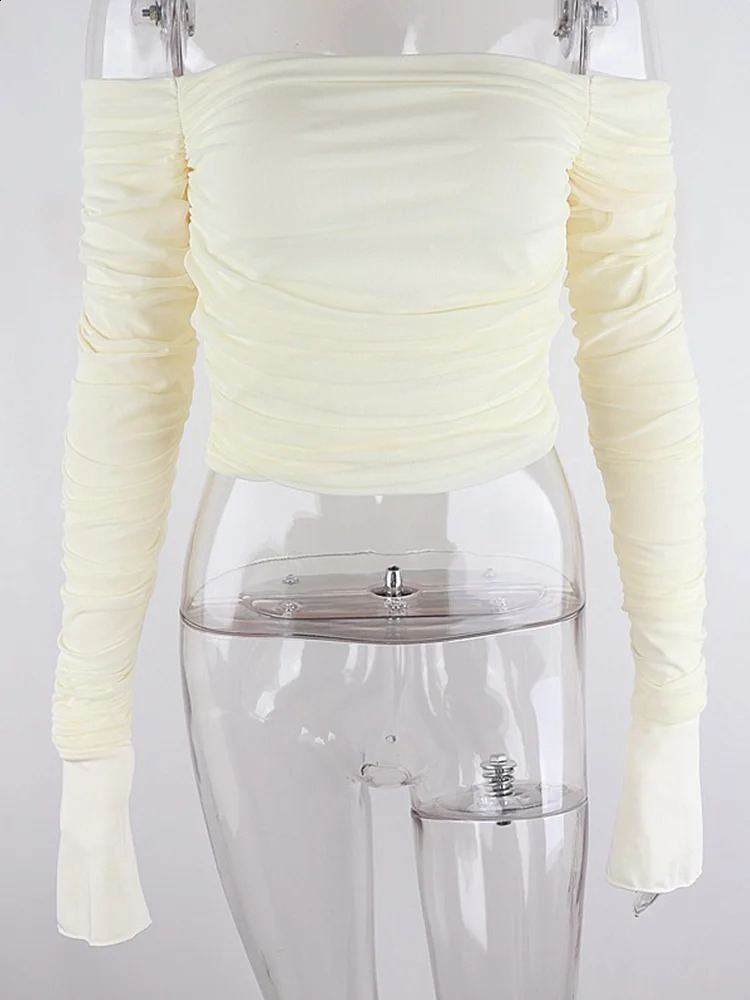 Mesh Patchwork Women Long Sleeve Crop T-Shirt Ruched Off Shoulder Bodycon Sexy Elegant Streetwear Spring Summer 250725