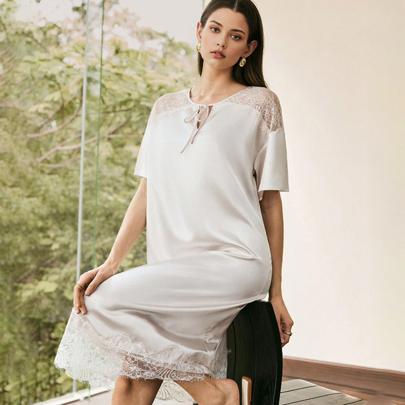 2025 New Women's Spring/Summer Silk Satin Lace Patchwork Short-Sleeved Long Dress Nightgown Homewear