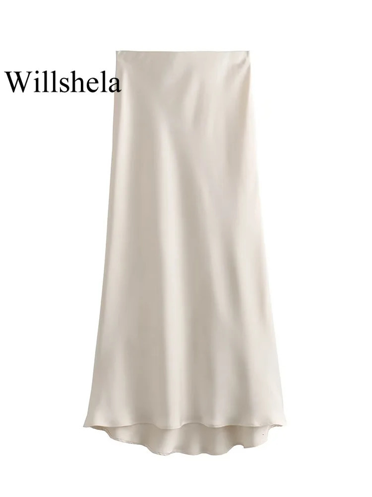 Willshela Black Satin Skirt Woman High Waist Elegant Long Skirts For Women Fashion Summer Midi Office Womens 250730