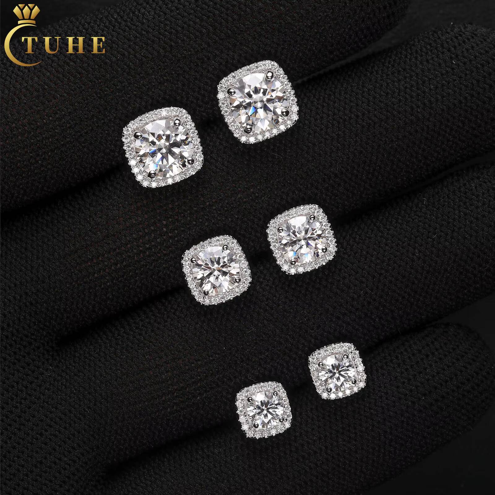 Pass Diamond Tester Moissanite Cube Halo Stud Earrings Luxury 18K White Gold 925 Sterling Silver VVS Mossanite Ear Stud for Men