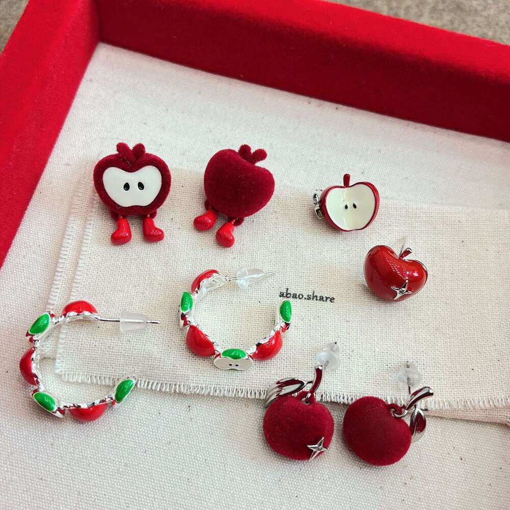 Flocked Ancora Red Apple Autumn Winter Cute Sweet Fun Design Elegant Versatile New Year Earrings 171