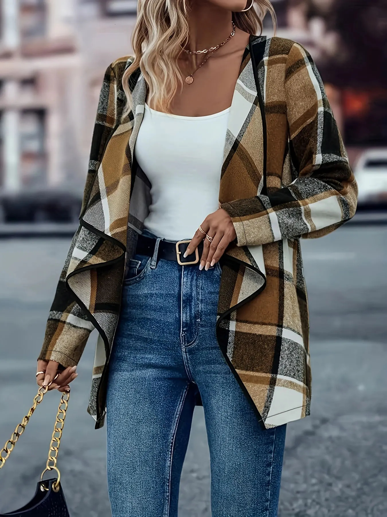 Women Plus Size Woven Open Front Long Sleeve Checkered Pattern Casual Jacket Classic Plaid Outerwear for Spring Autumn 250731