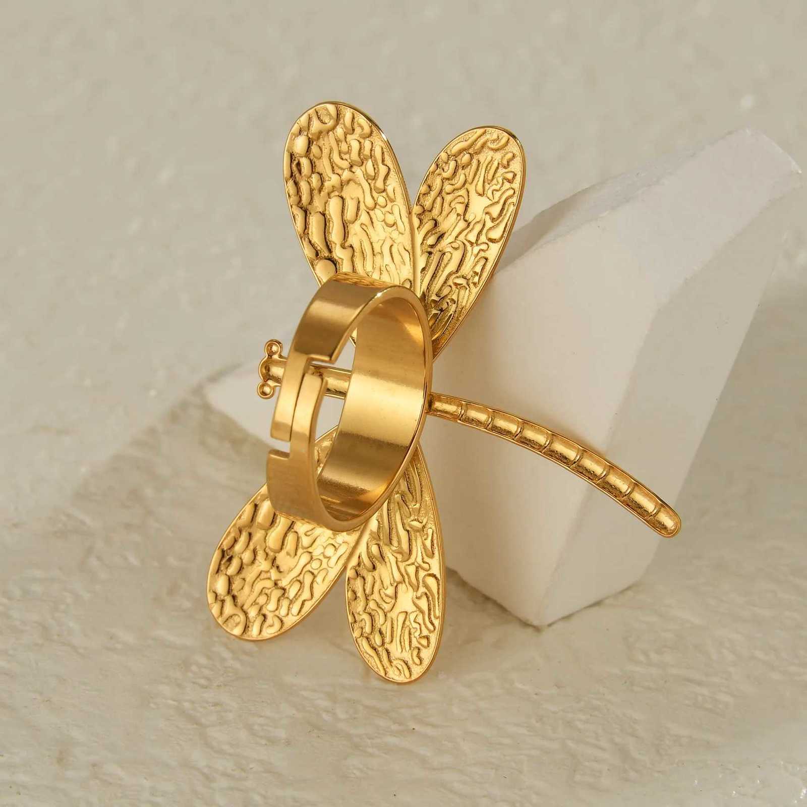 Trendy Vintage Exaggerated Big Dragonfly Open Rings for Women Men Stainless Steel Statement Gold Color Retro Ring Jewelry Gift y250730