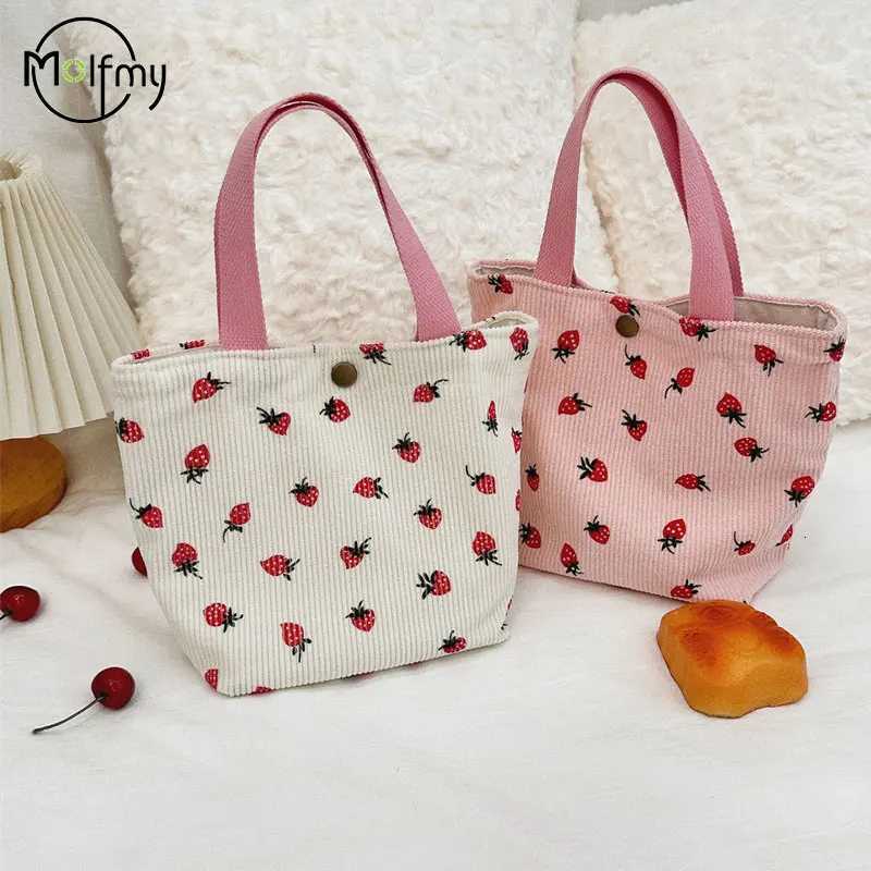 Womens Bag Strawberry Cosmetic Lunch Bento Bag Corduroy Female Travel Shoulder Bags Simple Portable Storage Handbags 2024 Y250730