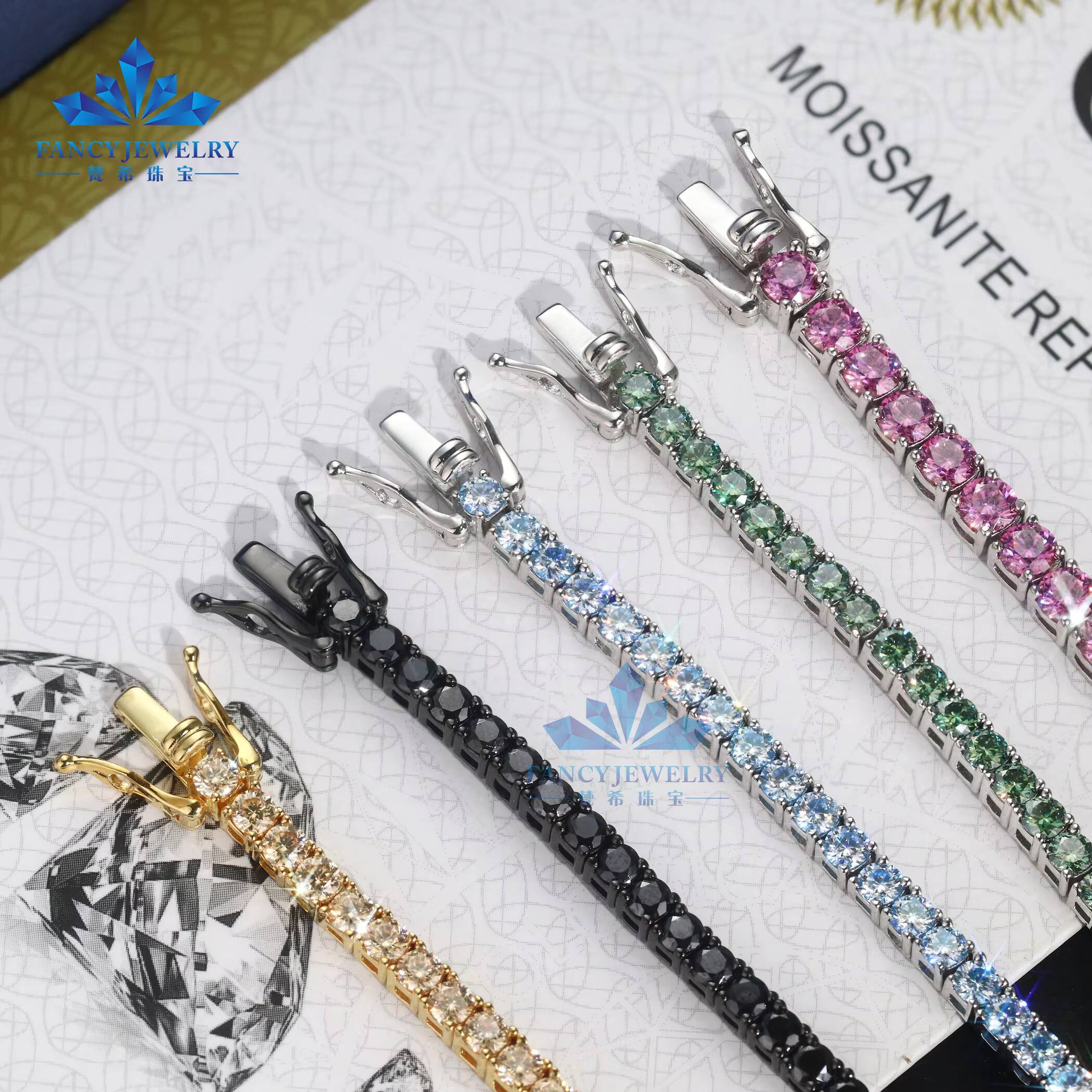 Iced Out Pink Black Yellow Green Blue Moissanite Colorful 3mm Moissanite Diamond Tennis Chain Tennis Bracelet for Women Men
