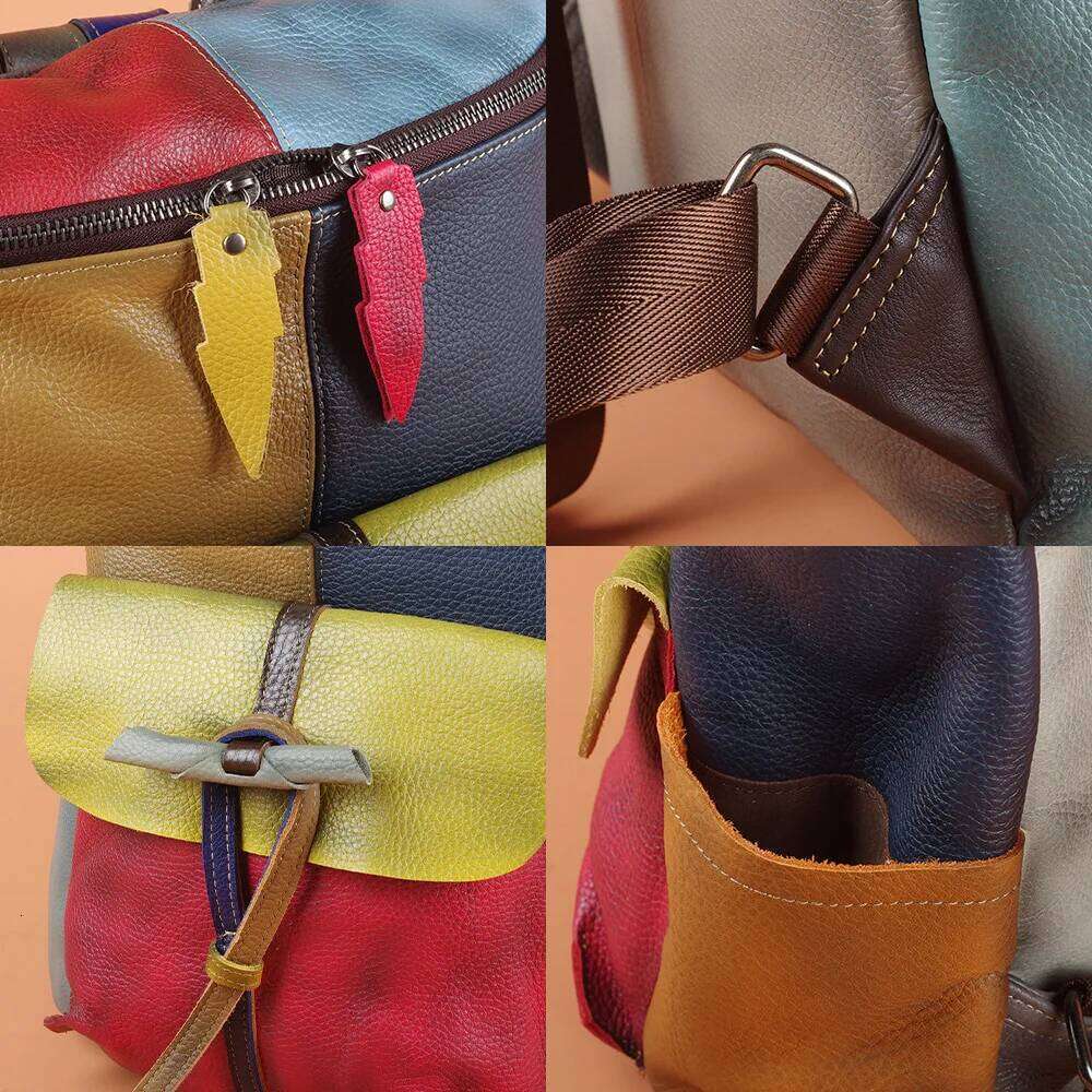 OLOEY Vintage Women's Leather Backpack Large Capacity Travel Bag, Handmade Cowhide Bucket Bag with Colorful Splicing Patchwork Design