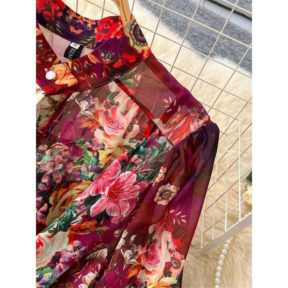 Vintage Print Chiffon Dresses Women Lantern Sleeve O Neck Design Fashion High Quality Court Floral Pleated Long Dress