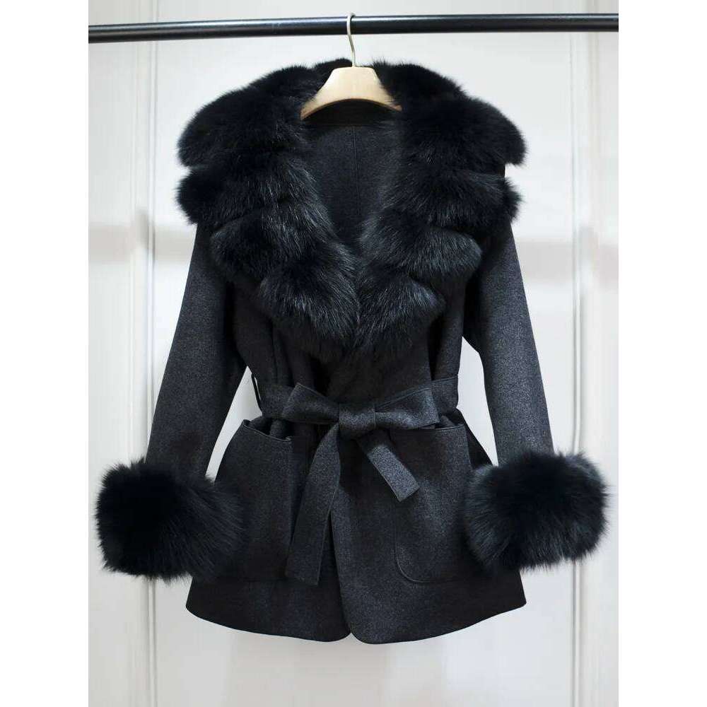 Designer Clothing Janveny New Winter Cashmere Wool Blends Women 100% Natural Fox Fur Collar Cuffs Slim Fit Suit Double Sided Woolen Trench Coat Fashio