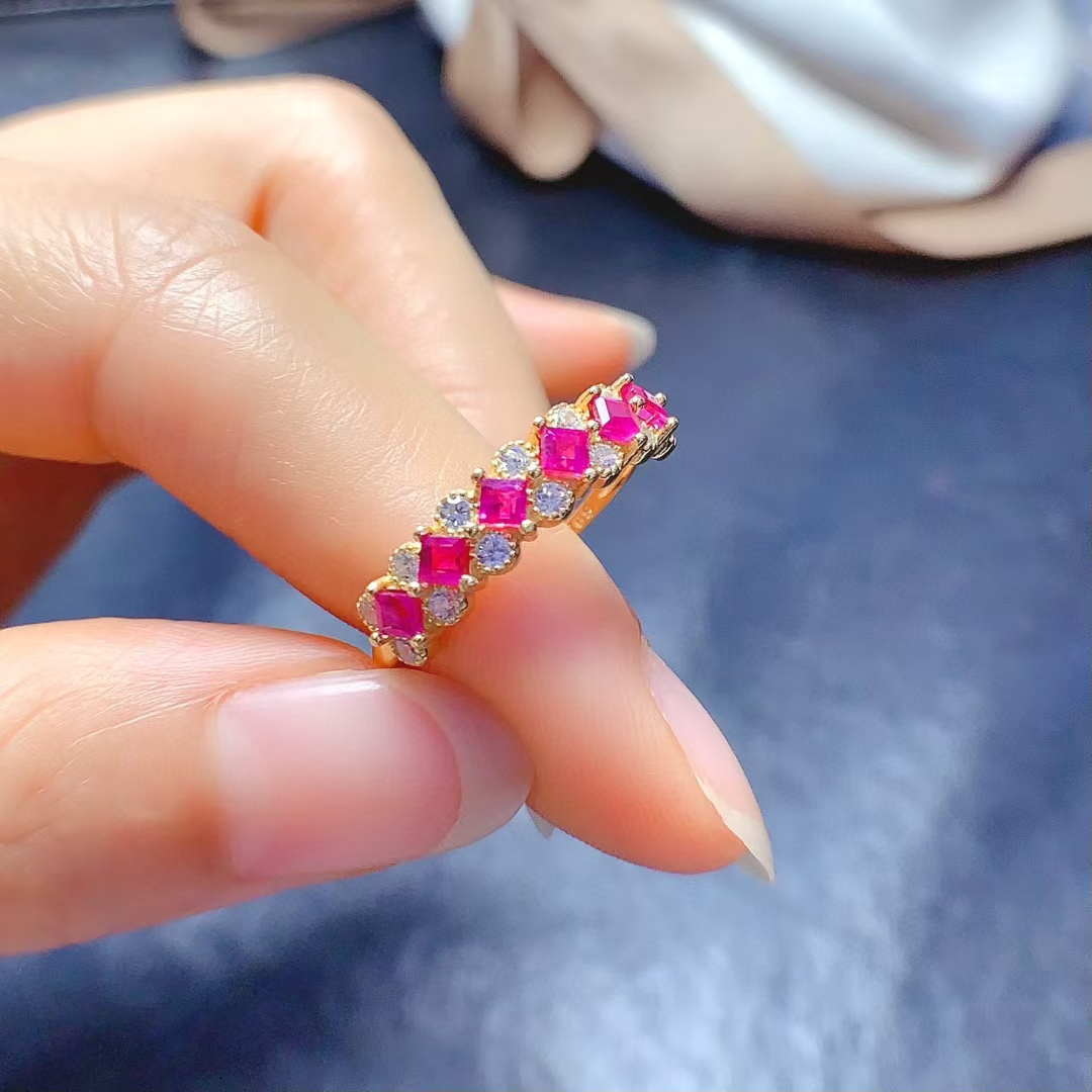 18K Gold Plated Real Ruby Ring 3mm total 0.8ct Natural Ruby 925 Silver Ring July Birthstone Gift for Women