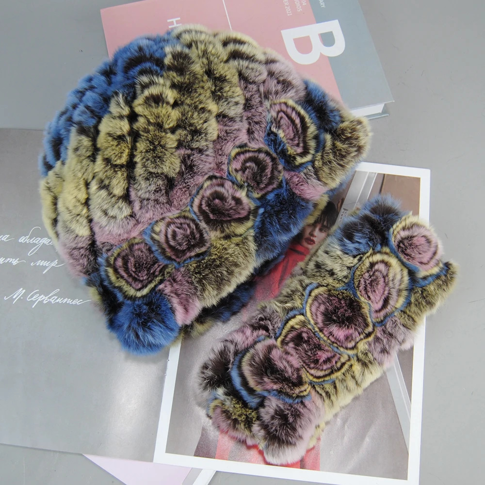 Fashion Fur Hats Scarves Sets Women Winter Knitted Rex Rabbit Fur Hat Scarf Ladies Natural Fur Hats Mufflers Sets 250724