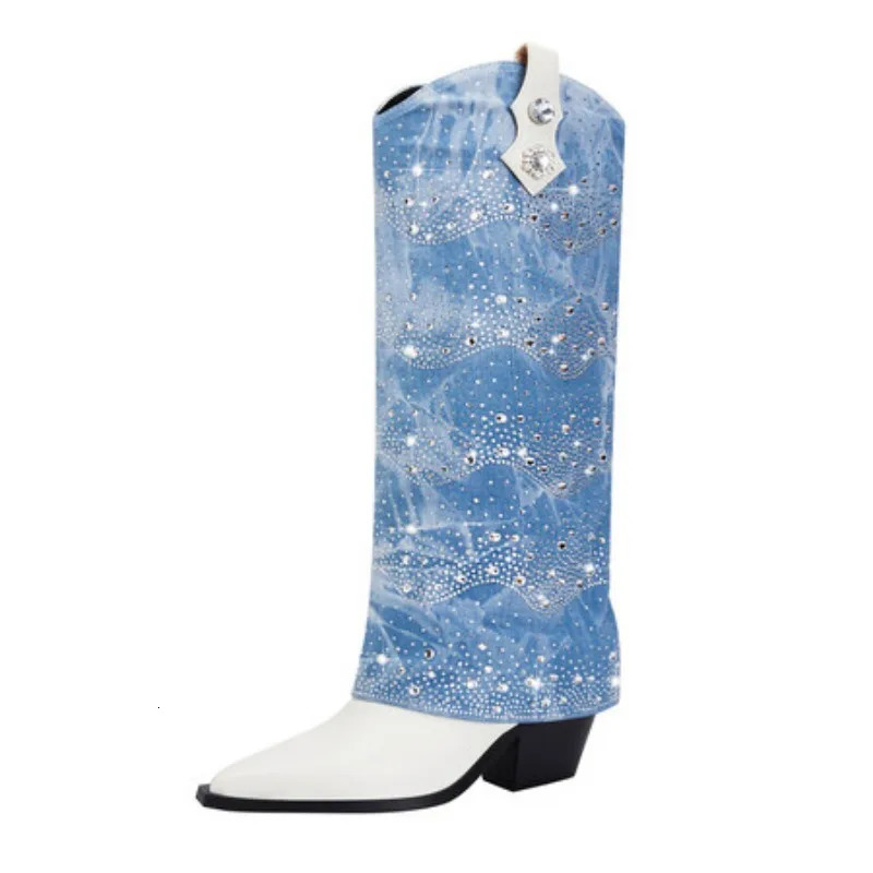 Internet Celebrity Rhinestone Denim Chelsea Boots Color Pointed 6cm Thick Heel Boots Rural Holiday Womens Shoes 35-43 250729