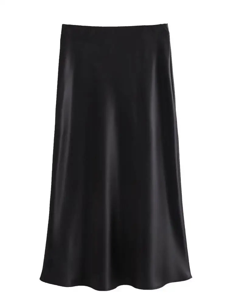 AOSSVIAO Women Fashion Satin Solid Midi Skirt Vintage Mid Elastic Waist Female Chic Lady Skirts 250730
