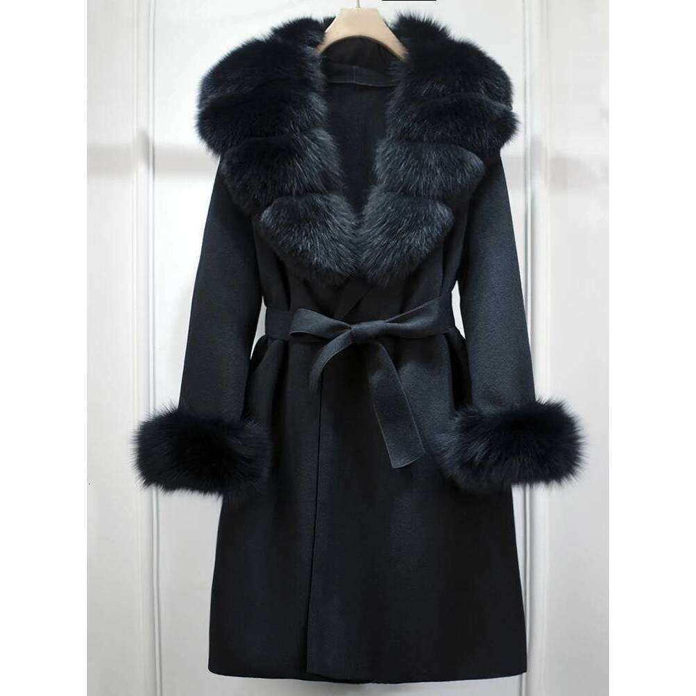 Designer Clothing Janveny 2025 New Fashion Autumn Winter Jacket Women Long Woolen Blend Cashmere Coat Belt Big Real Fox Fur Collar Warm Streetwear Fas