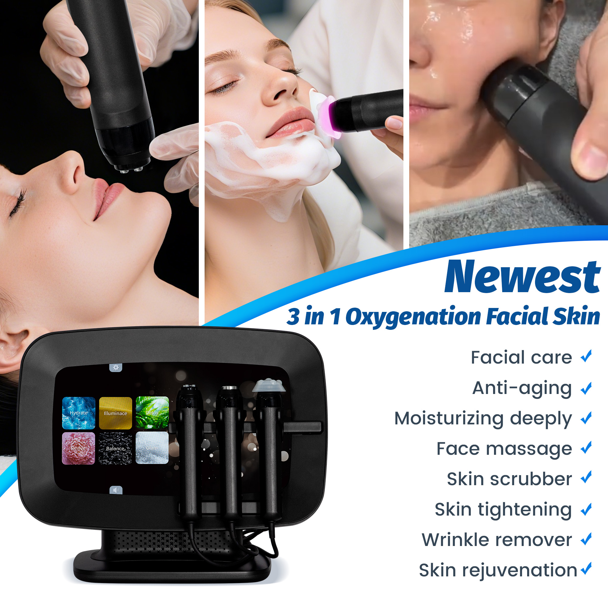 3 In 1 Portable Oxygen Therapy Facial Whitening CO2 Foam Facial Care Skin Regeneration Oxygen Facial Machine