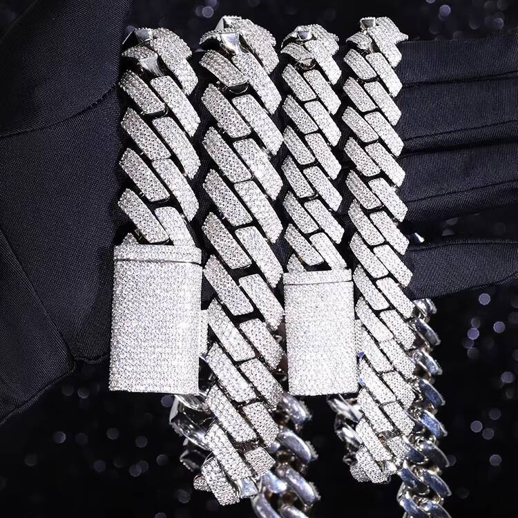 Hiphop Jewelry Custom Full VVS Moissanite 15mm 20mm 3Rows Sterling Silver Cuban Link Chain for Men