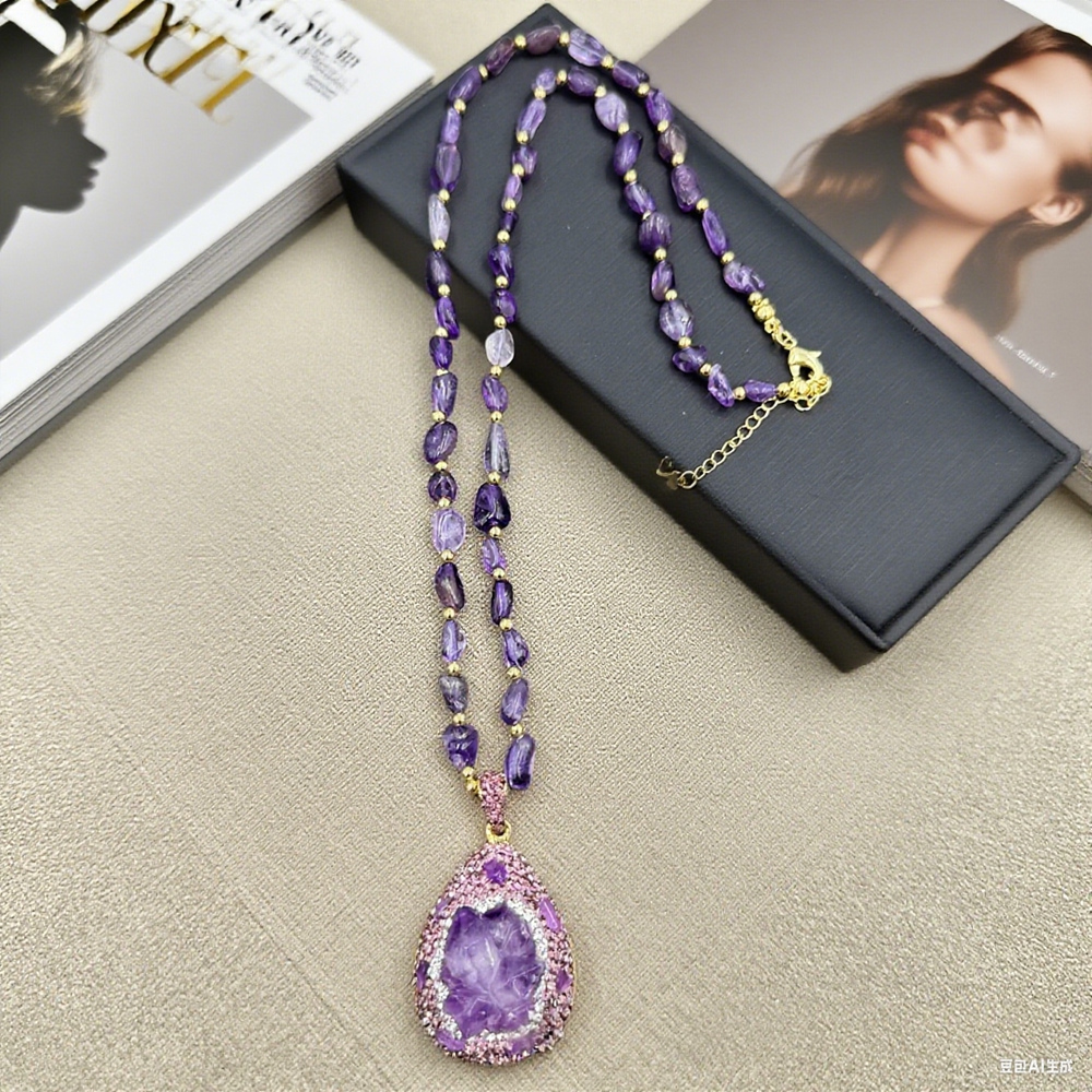 Rough Natural Amethyst Crystal Jewelry Set for Women Rhinestone Irregular Quartz Lucky Leather Bangle Rings Charm Necklace Sets