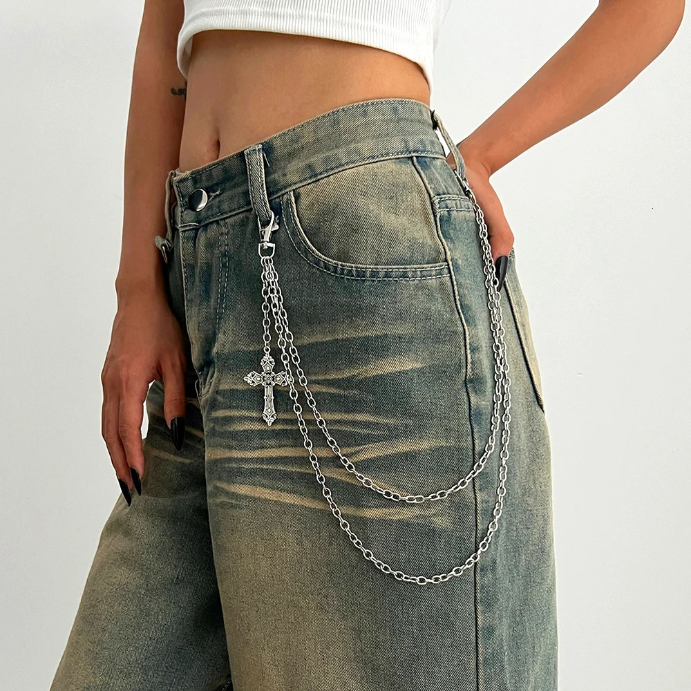 Punk Silver Color Multilayer Cross Pendant Pants Chain for Women Fashion Hip Hop Rock Jean Chain Waist Chain Decor Jewelry 250729