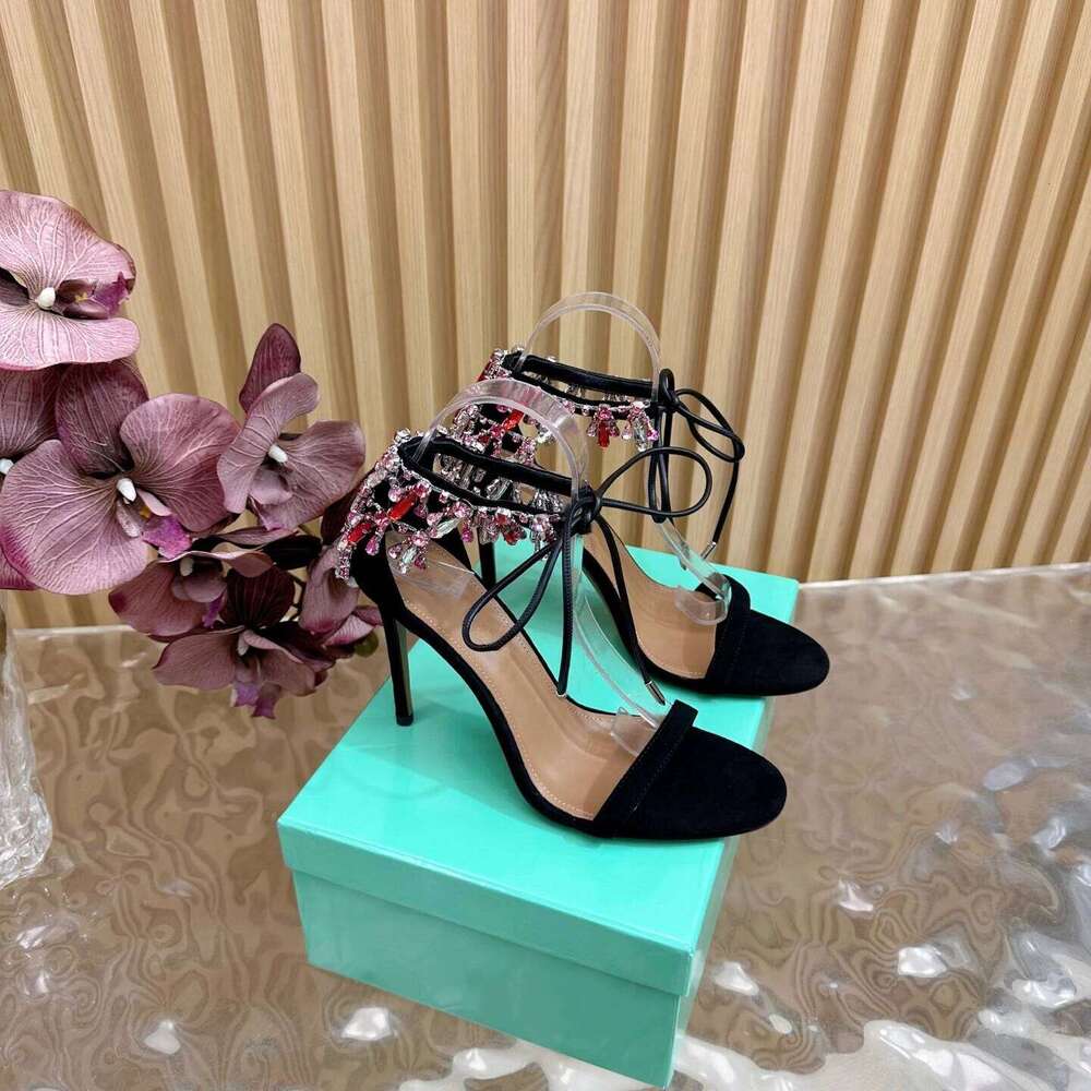 Women Size35-43 Genuine Leather Sandals Super High Heels Crystals Pumps Party Summer Designer Shoes Zapatillas De Mujer 155