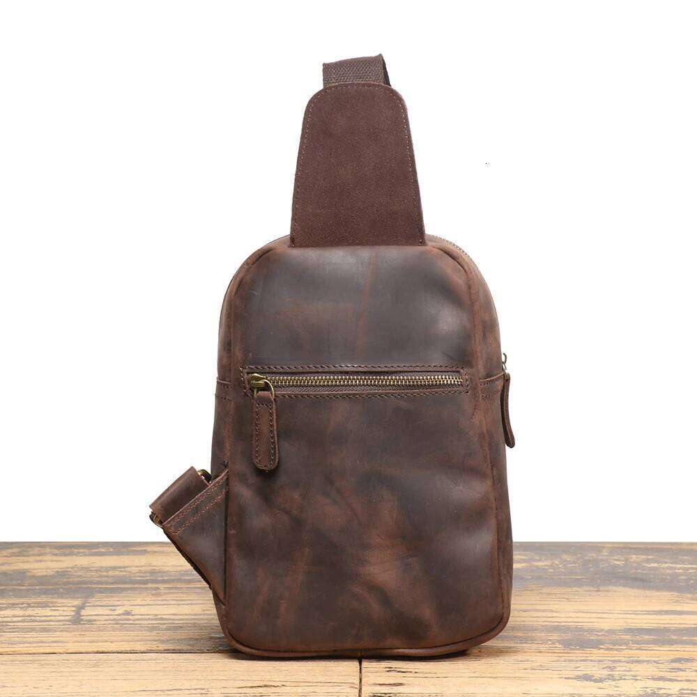 LUOKIR New Vintage Men's Chest Crazy Horse Leather Casual Crossbody Backpack Cowhide Large Capacity Shoulder Bag 250731