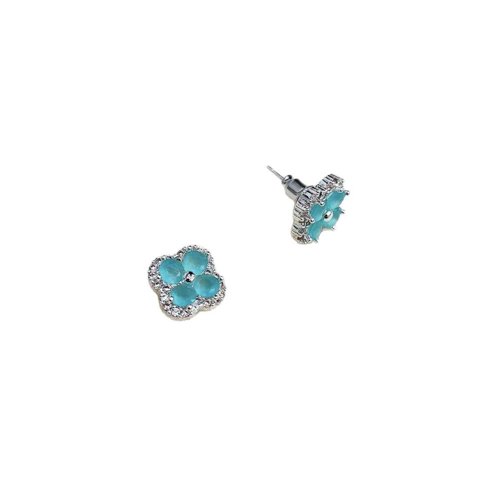 TikTok Same Style Blue Four-Leaf Clover Edge Full Zircon Main Body Sier Tone Fashion 2025 Spring New Earrings 1ea