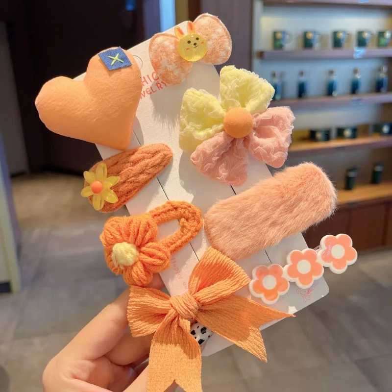 8/9pcs/Set Plush Hairpins Cute Colorful Knitting Flowers Plaid Fruits Barrettes Hair Clip for Kids Child Hair Accessories Sets R250730