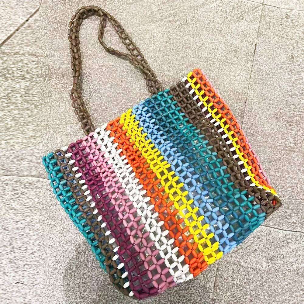designer bagLuxury Bag Beach Rainbow Hollow Tote Bags For Women Designer Handbags And Purses 2025 New In Wood Hand-Woven Large Capacity Shoulder