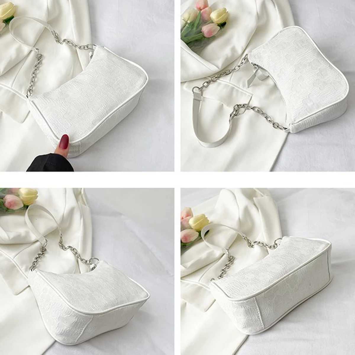 This white elegant and gentle chain underarm bag for women is foreign-style simple and a small square bag. Its a fashionable a Y250730