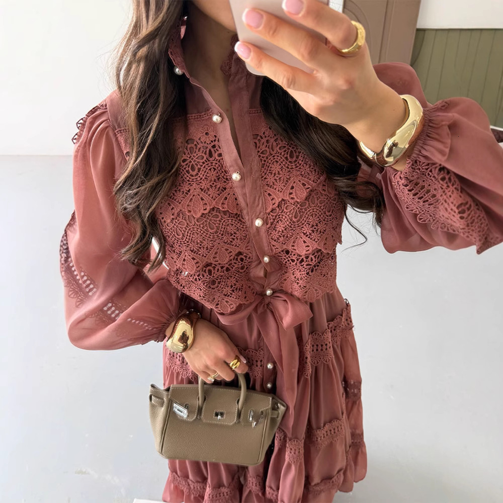 Spring Summer Womens Casual Long Sleeve Hollow Mesh Patchwork Dress Lantern 250731