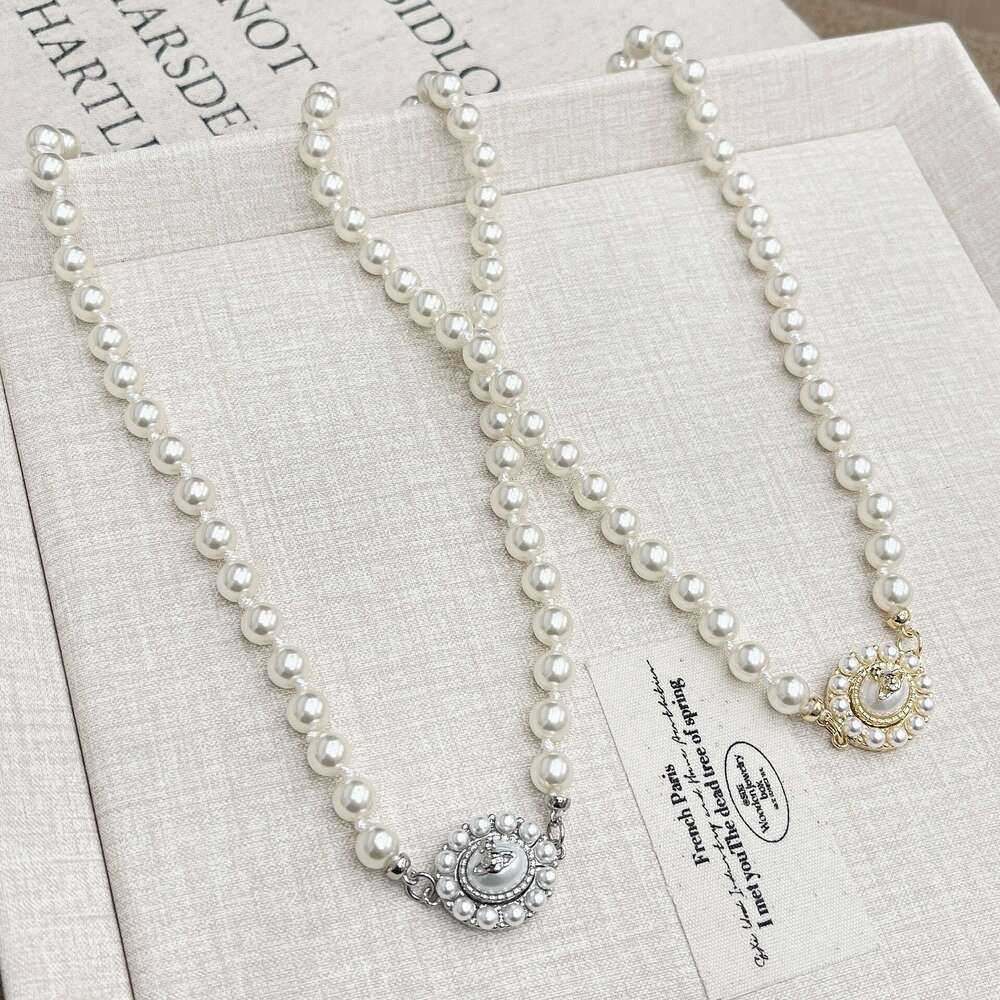 Empress Dowager Saturn Chain Round Disc Inlaid Pearl Detachable Necklace 2025 Spring New Model 1da