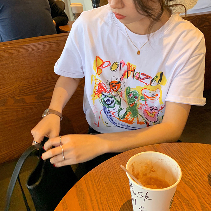 2025 summer new Korean style loose cotton short sleeved T-shirt for women, graffiti printed casual versatile top, base shirt, fashionable new designer