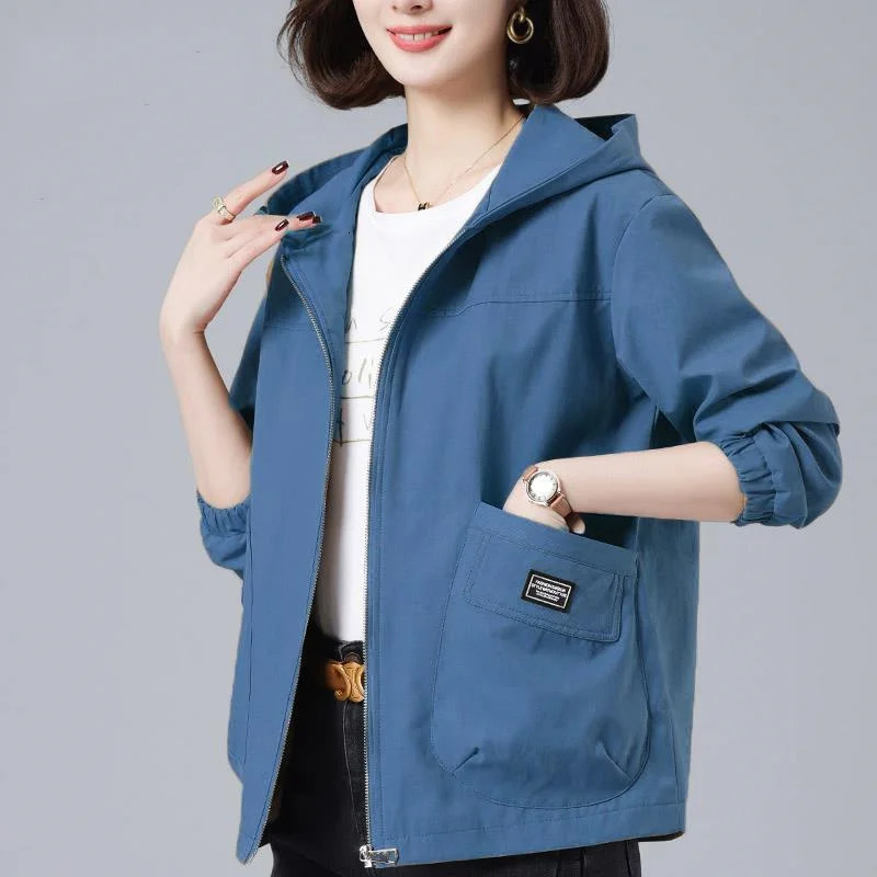 Spring Autumn Womens Jackets Long Sleeve Windbreaker Middle-Aged Mothers Coat Hooded Short Jacket Loose Outwear 250728
