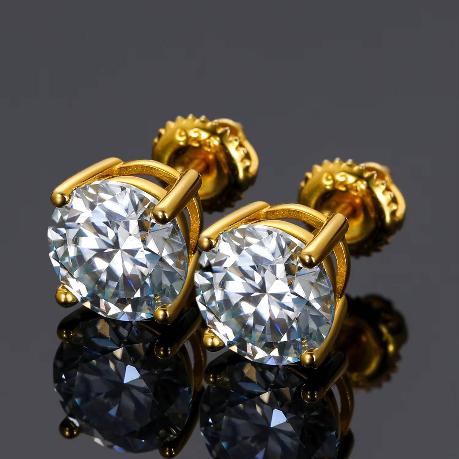 Fashion Luxury Iced Out Diamond Screw Back 18K Gold Plated Sterling Silver 8mm 2ct Lab Grown Moissanite Women Stud Earrings
