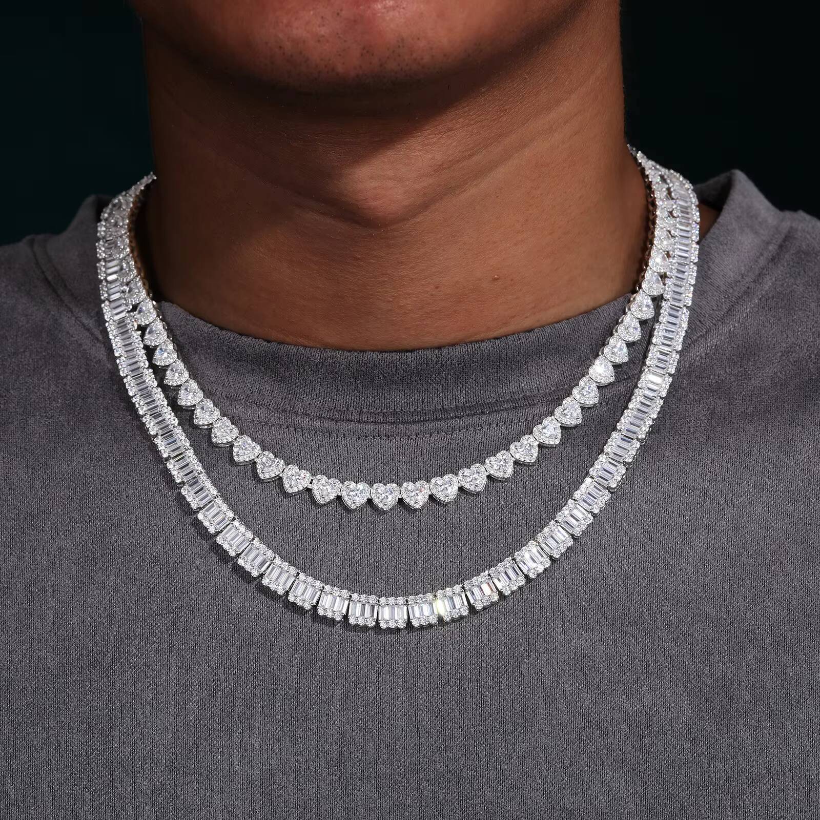Bling Hip Hop Jewelry Wholesale 7mm 925 Sterling Silver Heart Cut VVS Moissanite Diamond Iced Out Tennis Chain Necklace