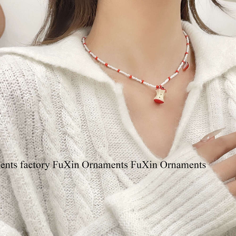 Creative Design Fun Apple Core Beaded Necklace for Women, Small Multi-element Collarbone Chain, Cute and Simple Versatile cf7
