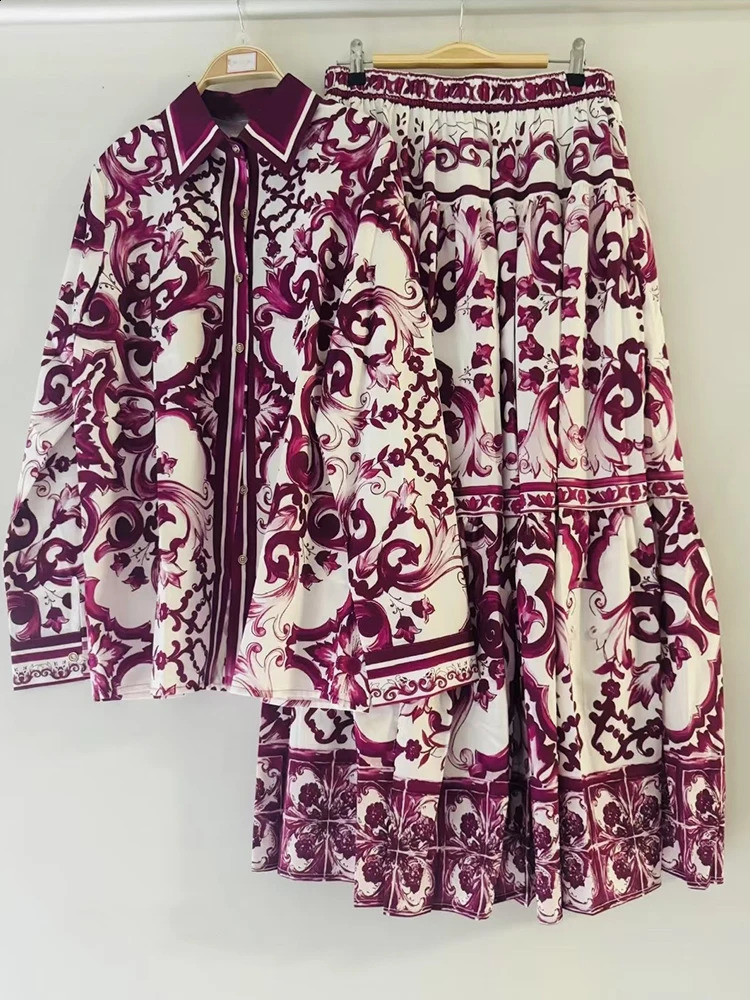 Retro lapel long sleeve geometric print shirt elastic waist big swing skirt spring and summer womens two-piece fashion suit 250728