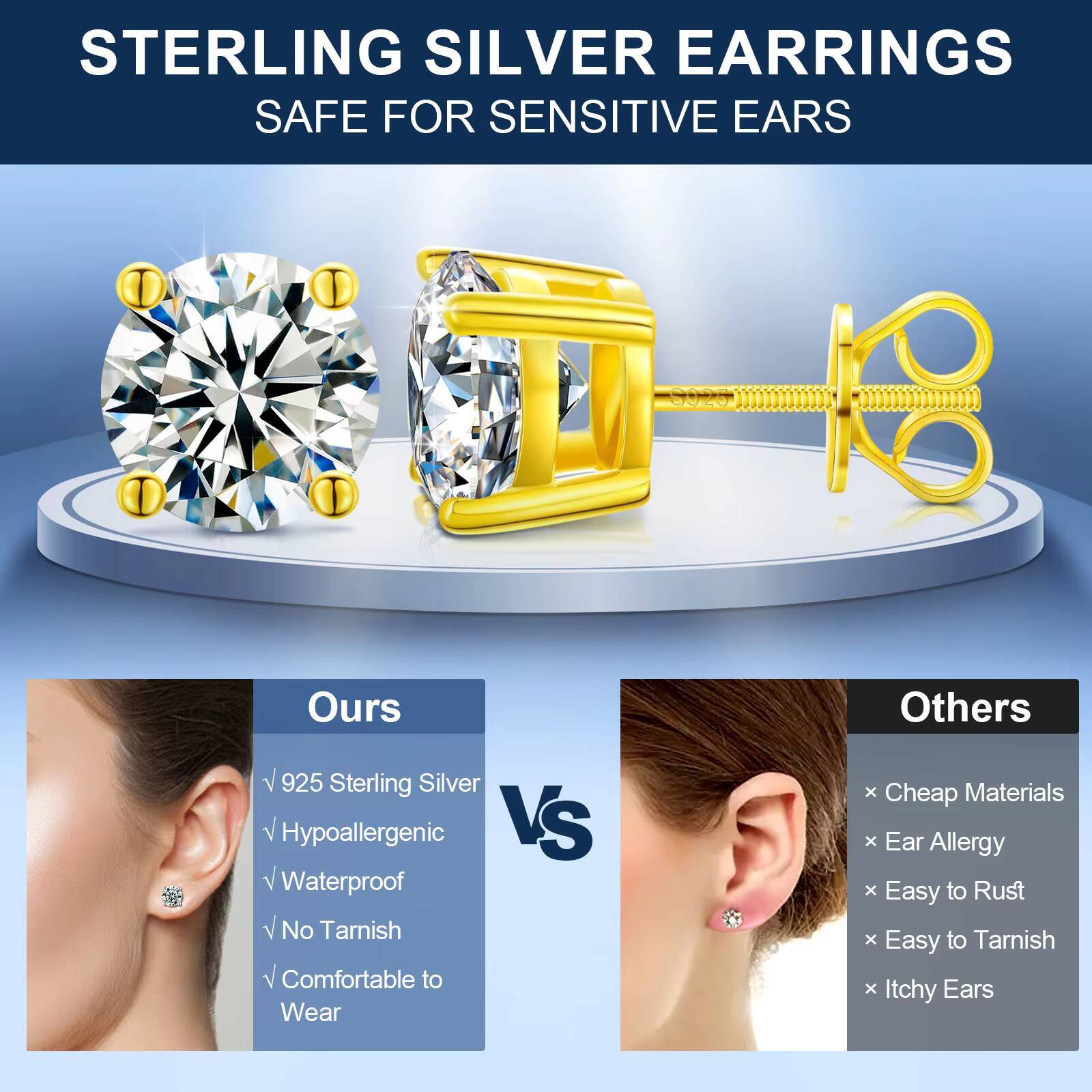 Local US Stock Real 14K 18K Gold Plated 925 Sterling Silver Synthetic VVS Moissanite Diamond Stud Earrings for Men Women