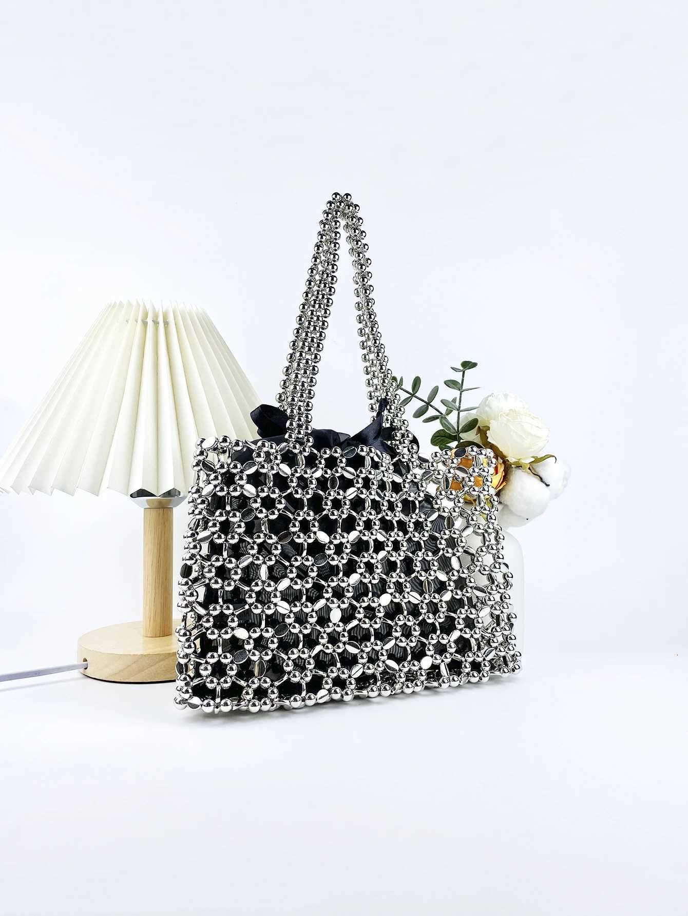 Fashionable niche shiny silver beaded bag woven lightweight hollow beaded versatile shoulder bag Y250730